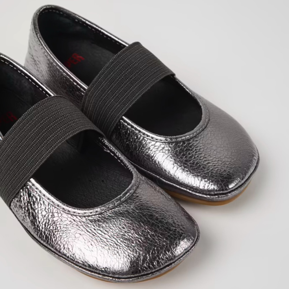 Camper Girls Metallic Pewter Mary Jane Flats with Black Elastic